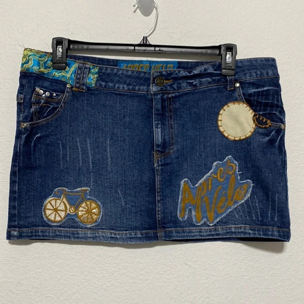 Apres Velo Denim Skirt Bicycle Patchwork Mini Low Rise Bicycle Size 12